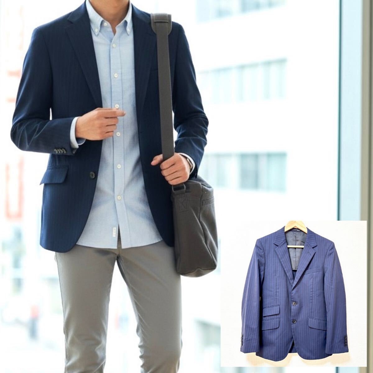 ロングシーズン◎【abx】エービーエックス テーラード ジャケット ストライプ スリム ビジネス オフィス ネイビー 紺 メンズ Y5 /Y37336SS拍卖