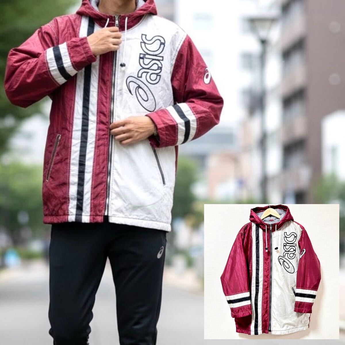 ビッグロゴ!【asics】アシックス ナイロン パーカー ウインドブレーカー ジャンパー トレーニング ランニング 赤 メンズ L /Y37360SS拍卖