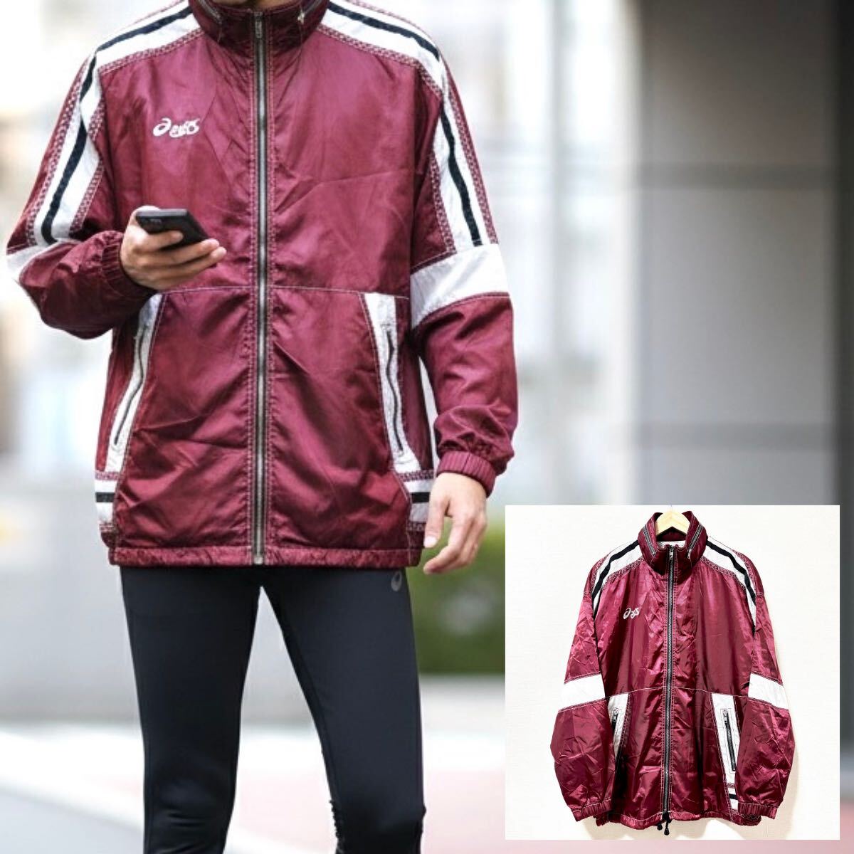 日本製◎ランニングにおすすめ!【asics】アシックス ウインドブレーカー ナイロン ジャケット ジャンパー メッシュ 赤 メンズ L /Y37363SS拍卖