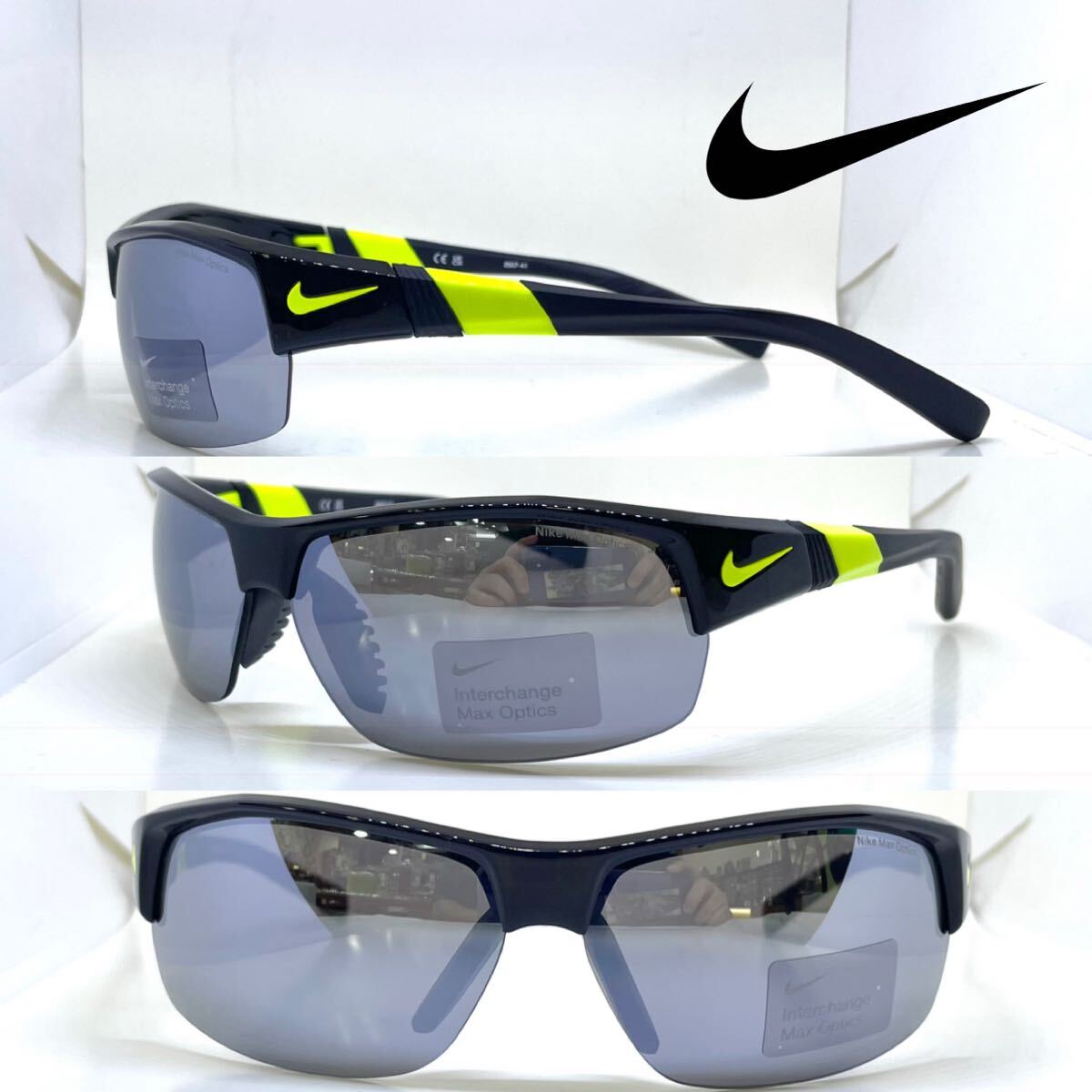 新品 NIKE サングラス ナイキ スポーツサングラス SHOW X2 FV0620 007 ブラック/イエロー シルバーミラー/グレー スペアレンズ ブラウン拍卖