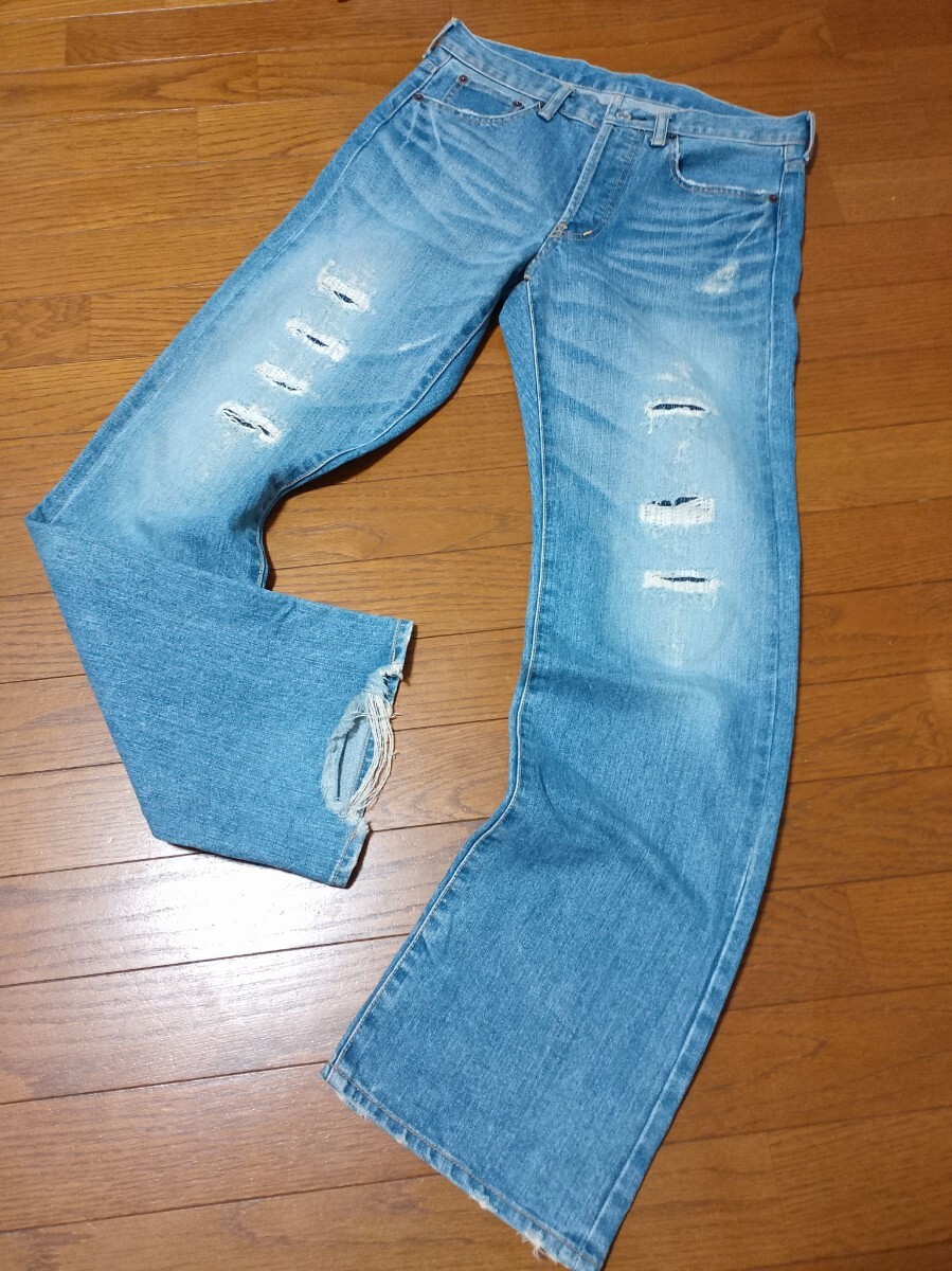 TAKEO KIKUCHI ダメージリペア加工 デニムパンツ メンズ 日本製 ボタンフライ サイズ2 タケオキクチ レギュラーフィット ヒゲ ハチノス拍卖