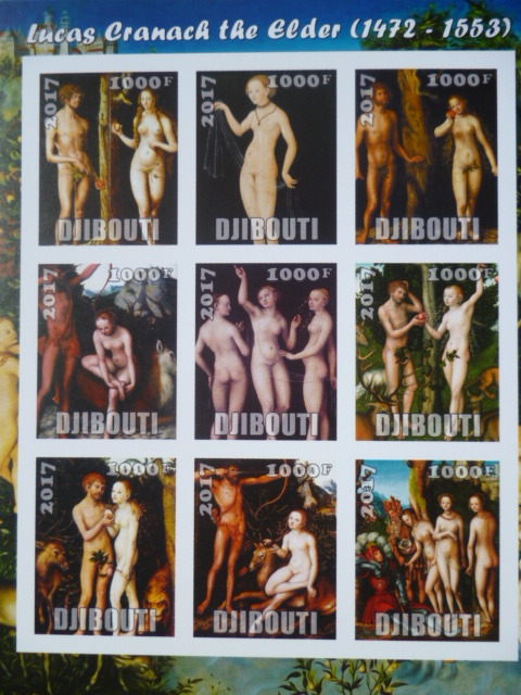 ジブチ切手『ヌード画』(ルカス・クラーナハ) 9枚シート 無目打拍卖