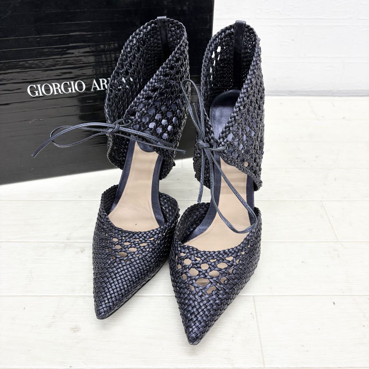 M29〓 GIORGIO ARMANI ジョルジオアルマーニ ヒールサンダル レディース サイズ39 ダークネイビー メッシュ 靴 シューズ拍卖