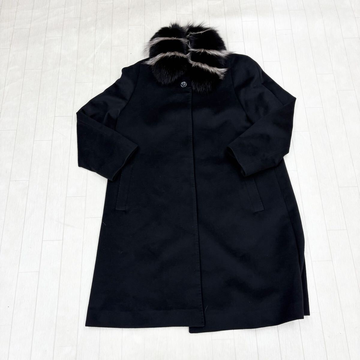 1805〓 パシュミナカシミア100% ステンカラーコート レディース サイズ11 ブラック アウター ミドルコート 襟ファー ファー脱着可能拍卖