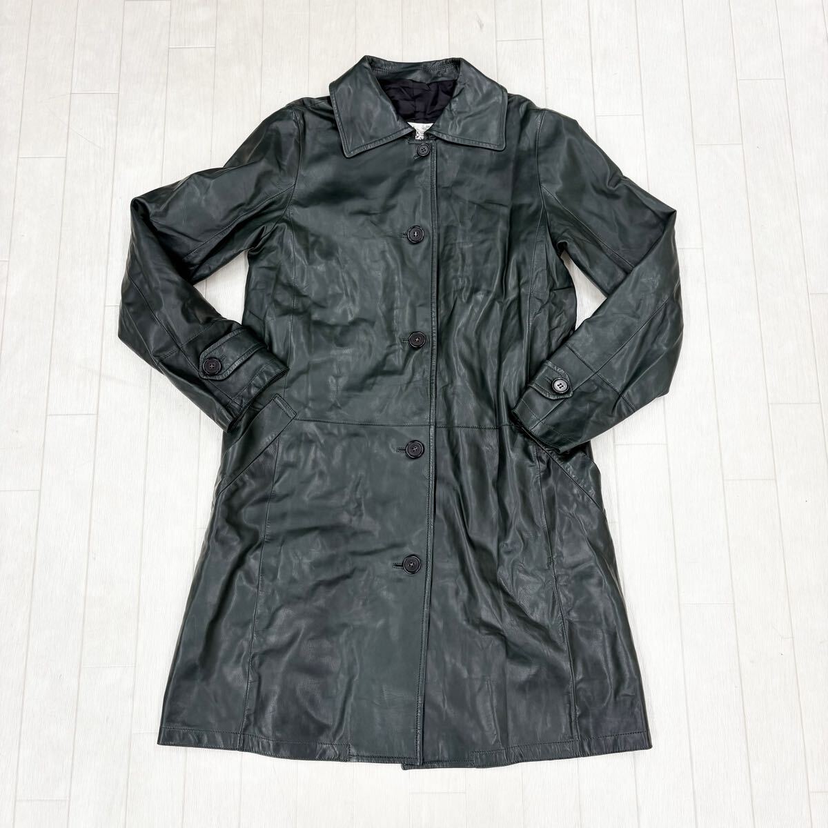M30〓 HIROKI ヒロキ レザーステンカラーコート レディース サイズ40 ダークグリーン ミドルコート ラムレザーコート 羊革 カジュアル拍卖