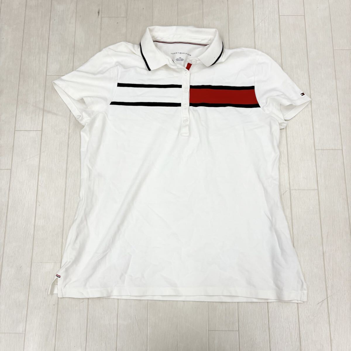 1811〓 TOMMY HILFIGER トミーヒルフィガー 半袖ポロシャツ レディース サイズL ホワイト トップス フレンチスリーブ カジュアル拍卖