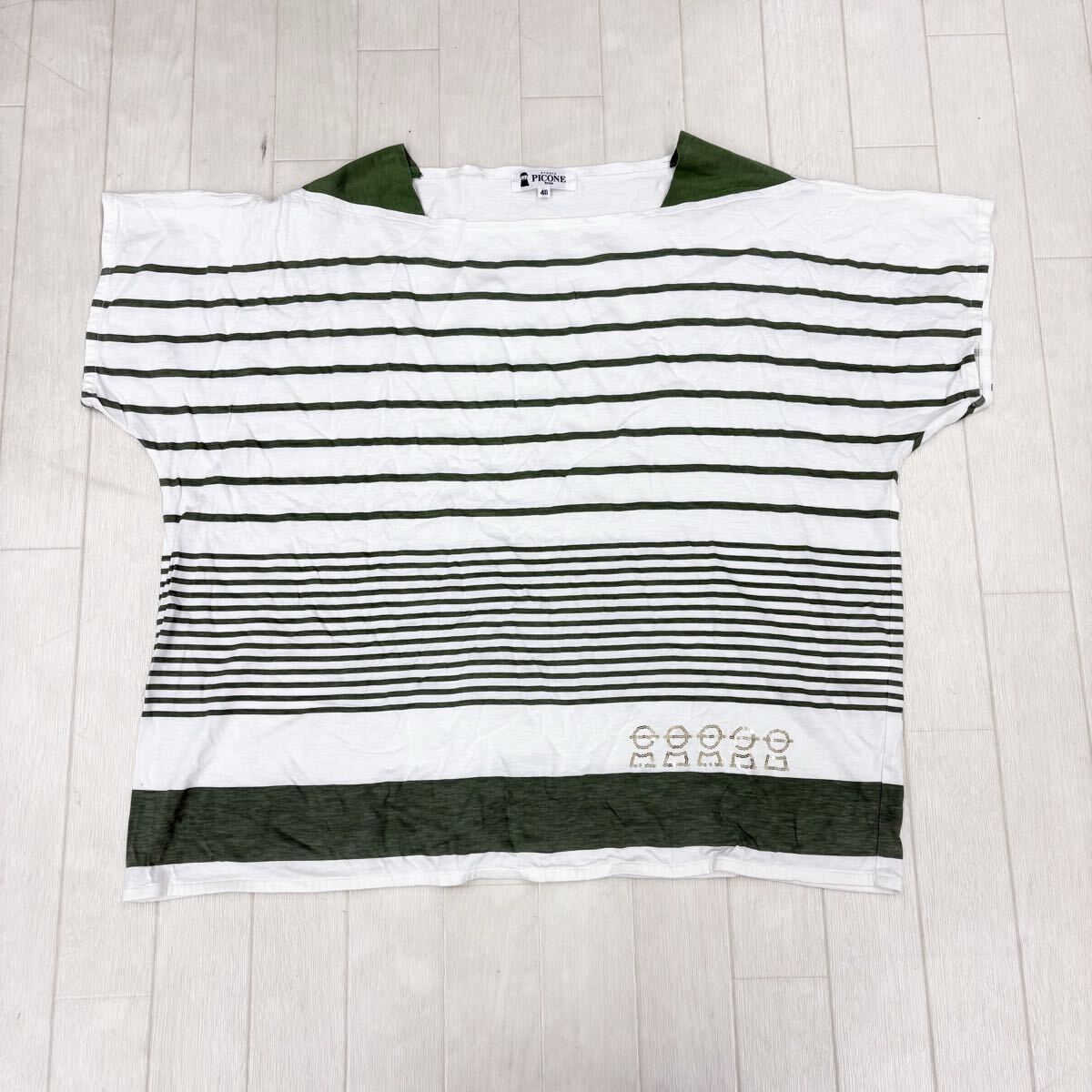 1811〓 STUDIO PICONE スタジオ ピッコーネ 半袖カットソー レディース サイズ40 ホワイト グリーン ボーダー柄 トップス Tシャツ シャツ拍卖