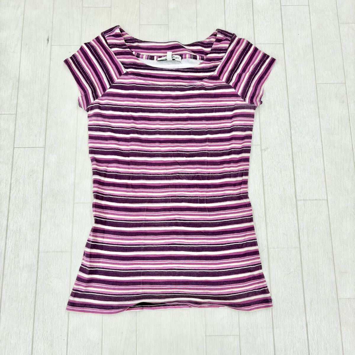 1811〓 LAURA ASHLEY ローラアシュレイ フレンチスリーブカットソー レディース サイズUSA6 ボーダー パープル マゼンタ ホワイト Tシャツ拍卖