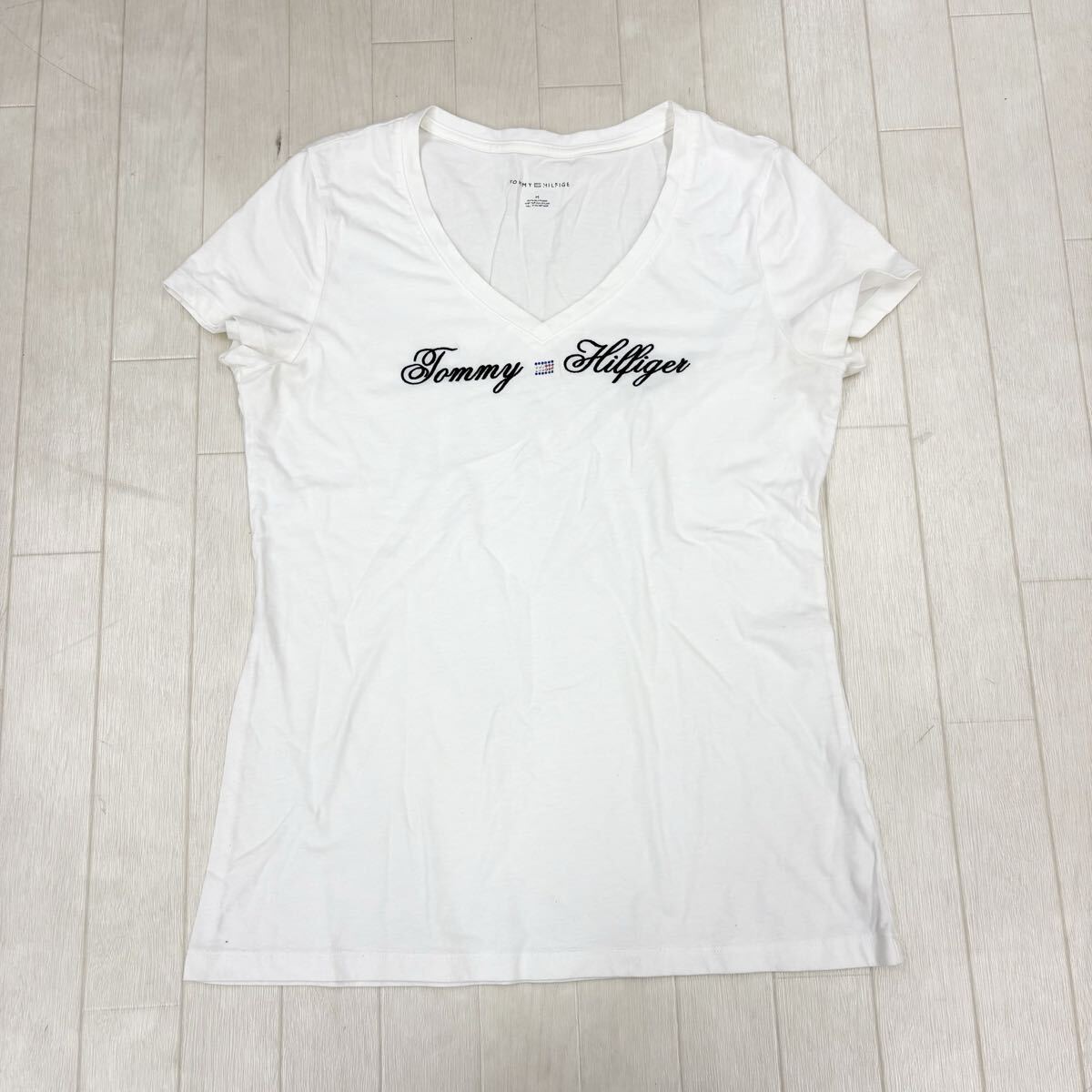 1811〓 TOMMY HILFIGER トミーヒルフィガー フレンチスリーブカットソー レディース サイズM ホワイト トップス Tシャツ Vネック拍卖