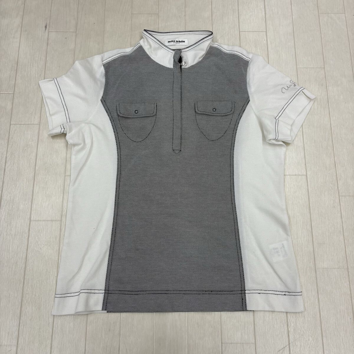 1811〓 mila schon SPORTS ミラショーン スポーツ ハーフジップポロシャツ レディース ホワイト ダークネイビー 半袖 スポーツウェア拍卖