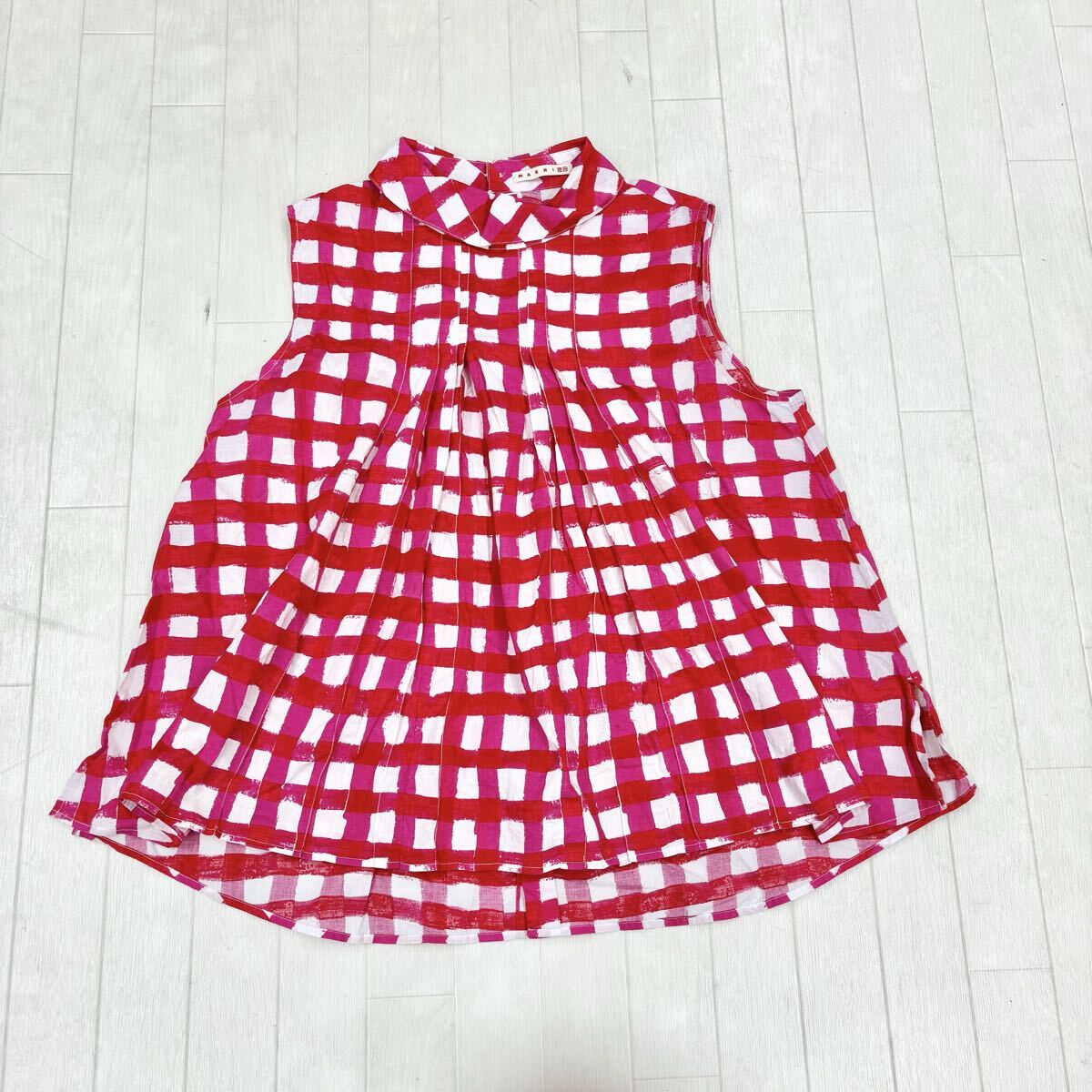 1811〓 MARNI マルニ UNIQLO ユニクロ コラボ ノースリーブブラウス レディース サイズXL トップス チェック柄 レッド マゼンタ ホワイト拍卖