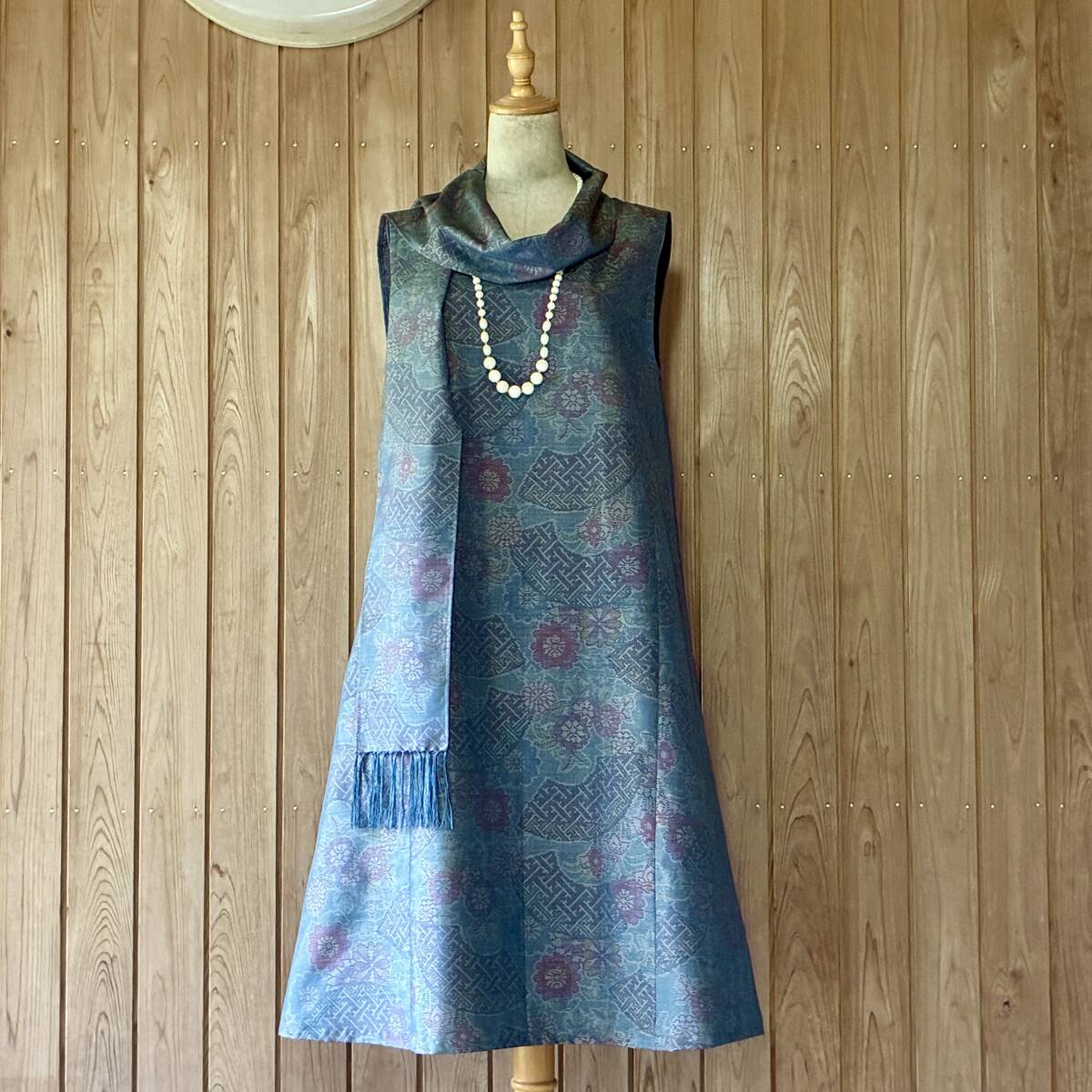 《霧島》着物リメイク*大島紬*ノースリーブAラインワンピース*フリンジストール付*ハンドメイド*拍卖