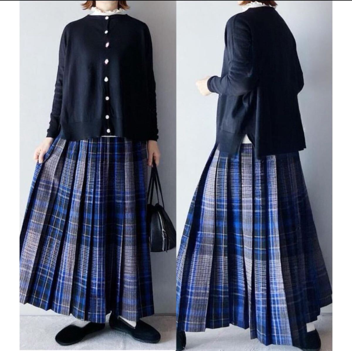 セットアップ 前開きニットトップス チェック柄フレアスカート 上下セット 大きいサイズ拍卖