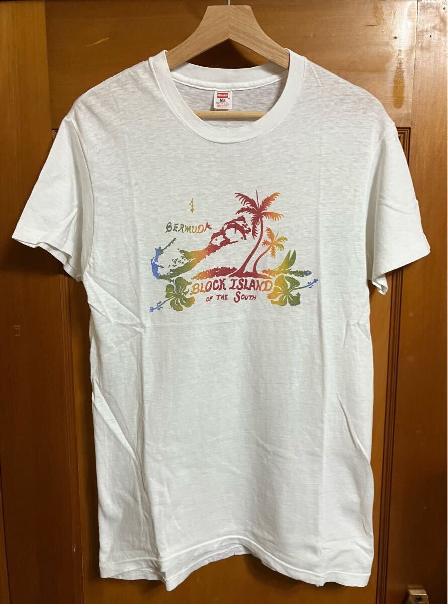 70s HANES レッド フラッグタグ Tシャツ USA製 size M 白 ビンテージ 70年代 ハワイアン 染み込みプリント ビンテージ 拍卖