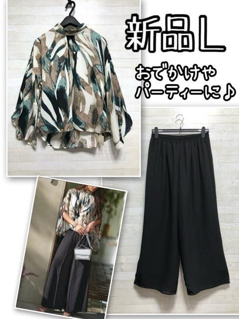 新品☆L♪お出かけやパーティーに♪個性派ブラウス&ワイドパンツ♪☆Q452拍卖