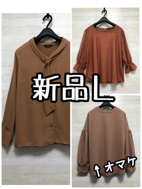 新品☆L♪ブラウン系♪きれいめブラウス2枚+オマケ1枚♪☆Q494拍卖