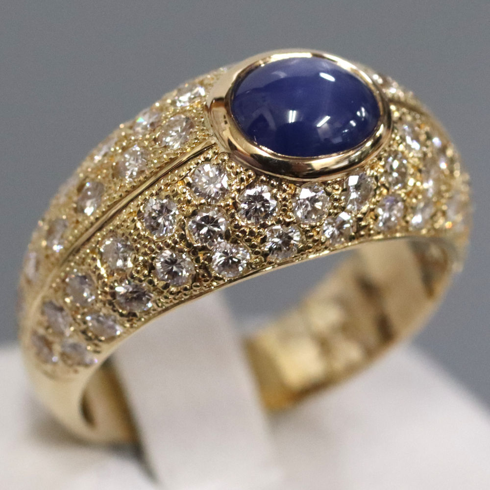 K18スターサファイアダイヤモンドリング S1.55 D1.11 6.5g #12 イエローゴールド拍卖