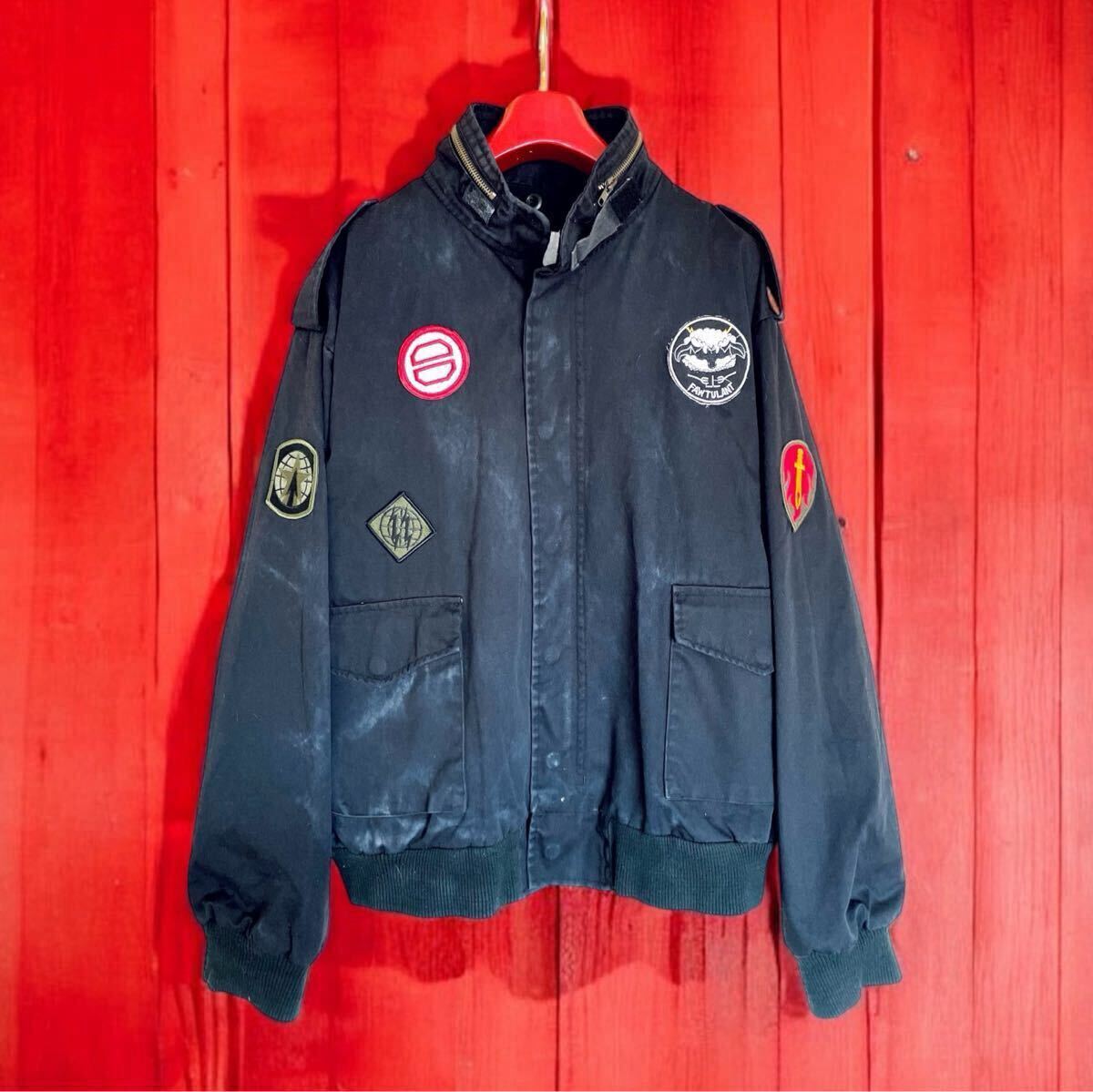 アメリカ古着 ミリタリージャケット フライトジャケット ワッペンカスタム オフィサージャケット アメカジ ビッグサイズ 美フェード 黒 3L拍卖