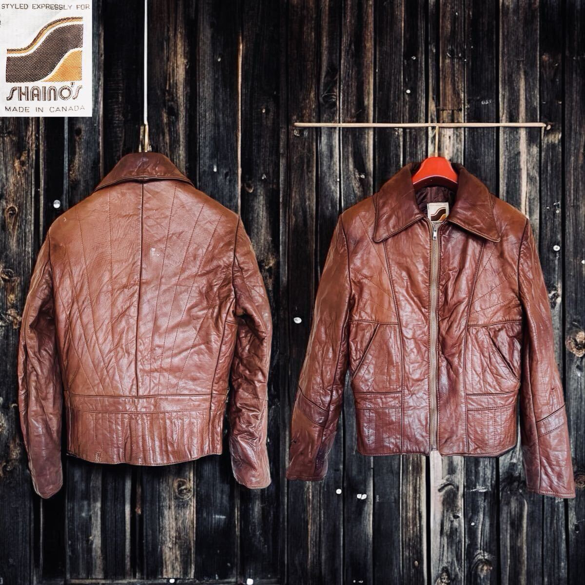 70s vintage 美エイジング レザースポーツジャケット SHAINOS CANADA製 シングルライダース 革ジャン ヴィンテージ 羊革 本革 ブラウン S拍卖