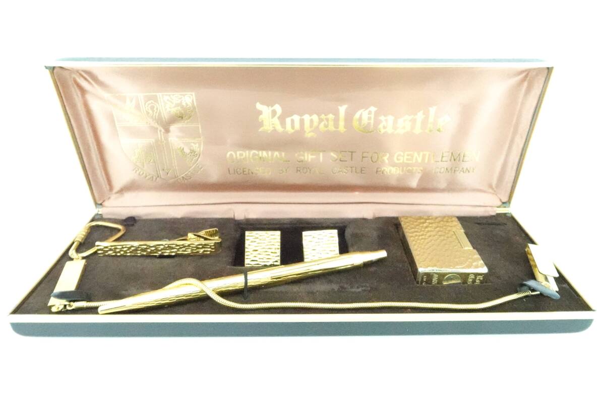 ROYAL CASTLE アクセサリーギフトセット ライター カフスボタン ネクタイピン ボールペン ウォレットチェーン 小物 セット 箱付き ゴールド拍卖