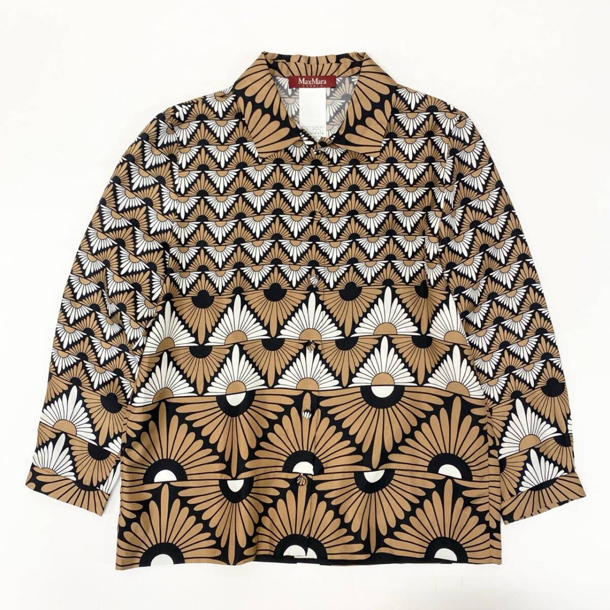 72j15《美品》MaxMara マックスマーラ シルクシャツ 長袖シャツ 幾何学模様 40サイズ ブラウン ホワイト ブラック レディースu02t拍卖