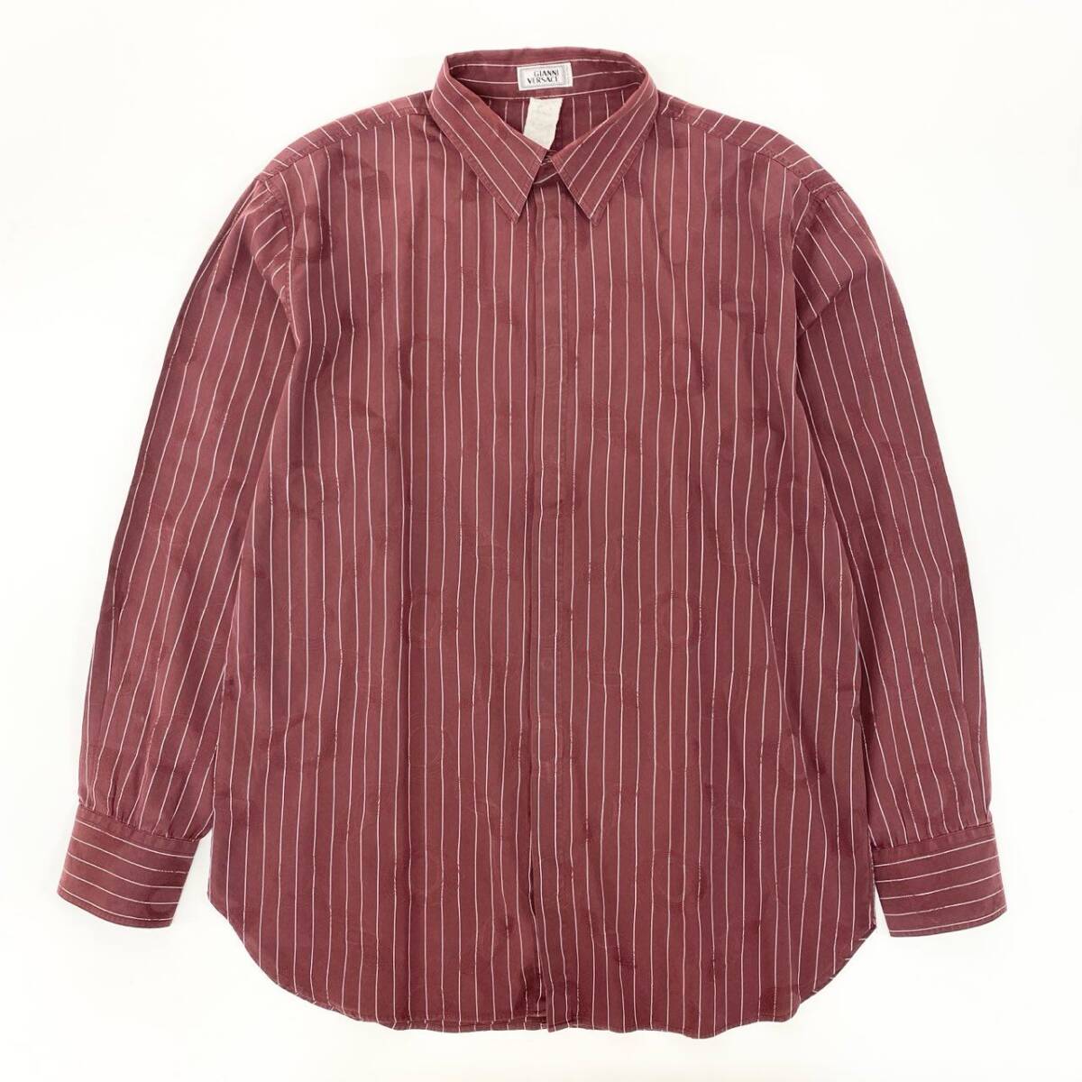 35j22 GIANNI VERSACE ジャンニヴェルサーチ 長袖シャツ ストライプ 透かし総柄模様 サイズ50 ボルドー コットン メンズ イタリア製u02t拍卖