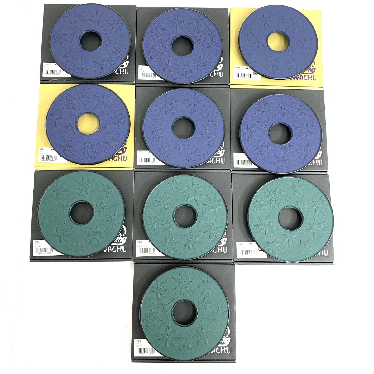 未使用品◆岩鋳 Iwachu 南部鉄器釜敷カエデ 緑青4点/紫紺6点/10点まとめ ブルー/グリーン拍卖