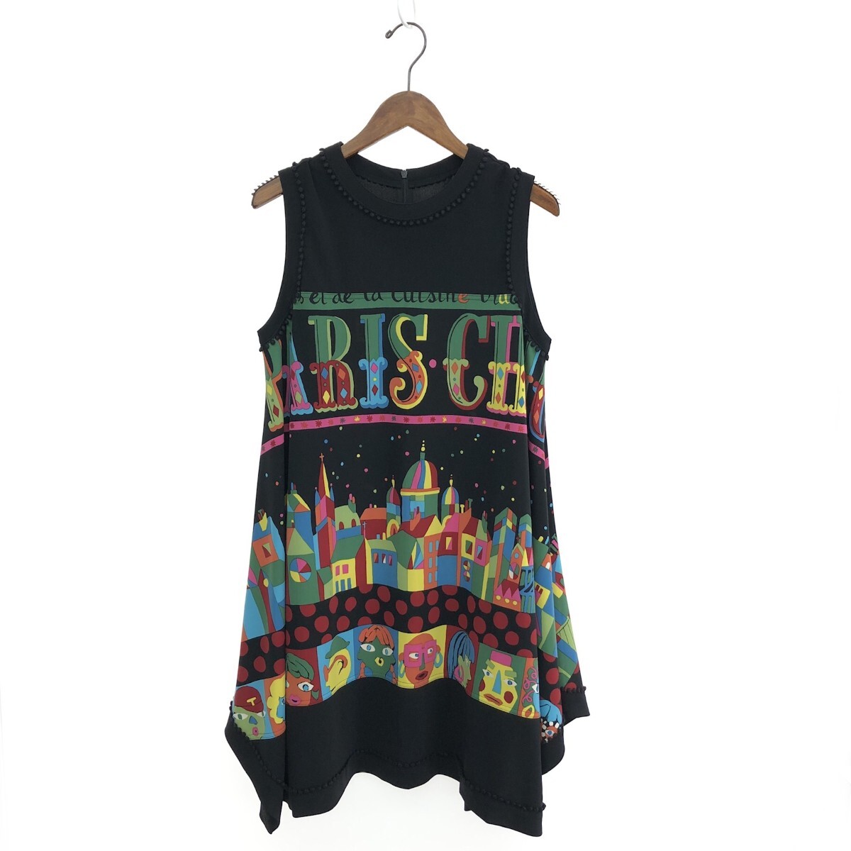 良好◆TOKUKO 1er VOL トクコ・プルミエヴォル プリントワンピース サイズ:9 チュニック 30周年 ブラック/マルチカラー レディース拍卖