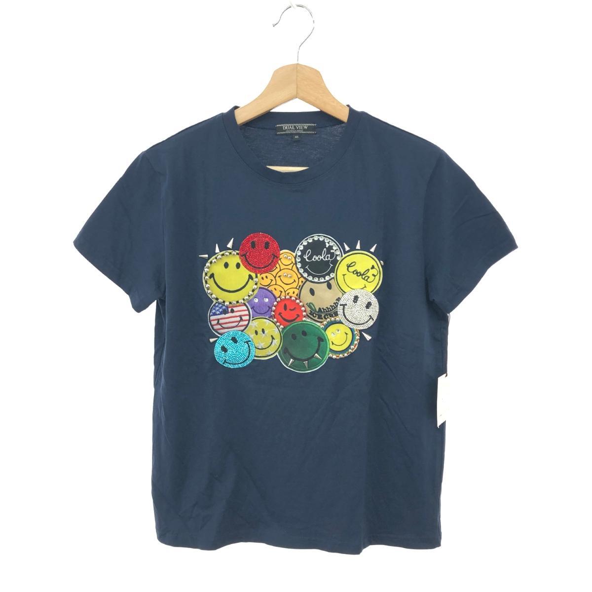 美品◆DUAL VIEW デュアルヴュー 半袖カットソー サイズ:40 ニコちゃんTシャツ/ビジュー/ラインストーン ネイビー レディース拍卖