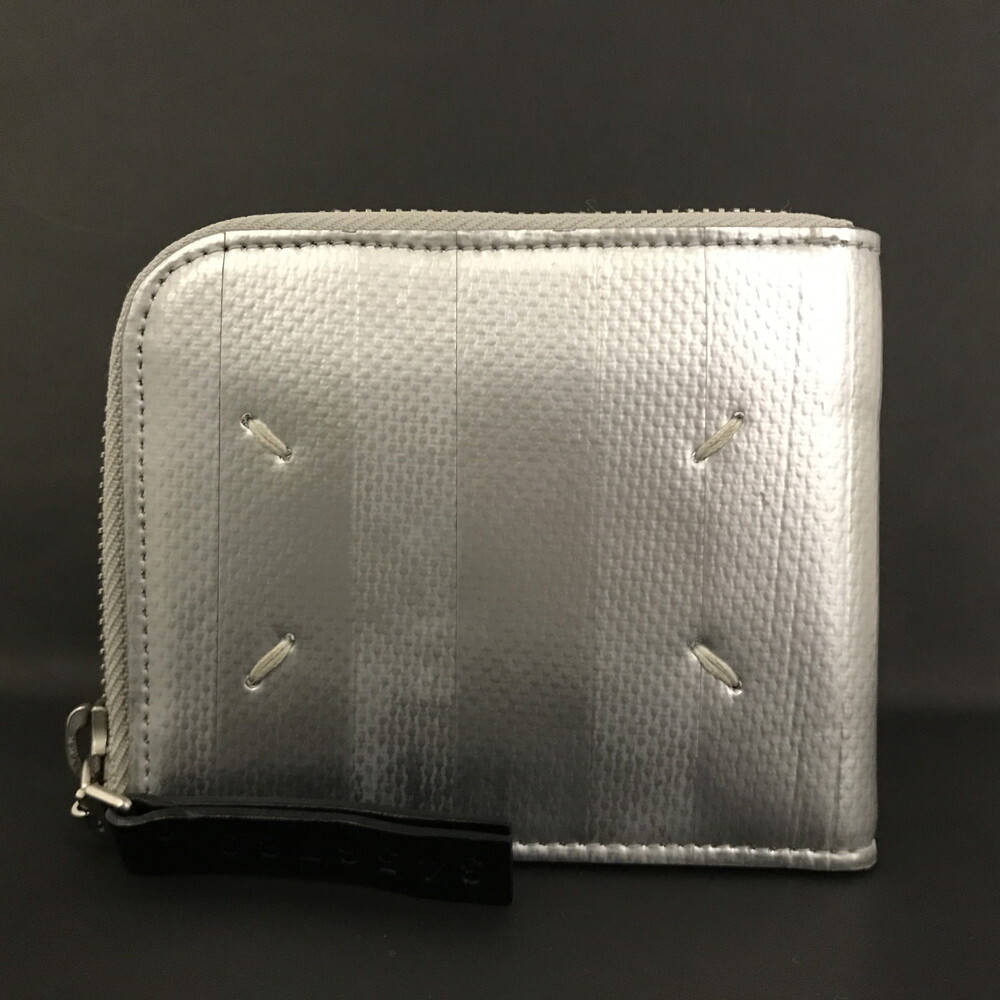 1円 美品 Maison Margiela メゾンマルジェラ レザー フォーステッチ MM11 L字ファスナー 二つ折り長財布 シルバー /JP0837拍卖