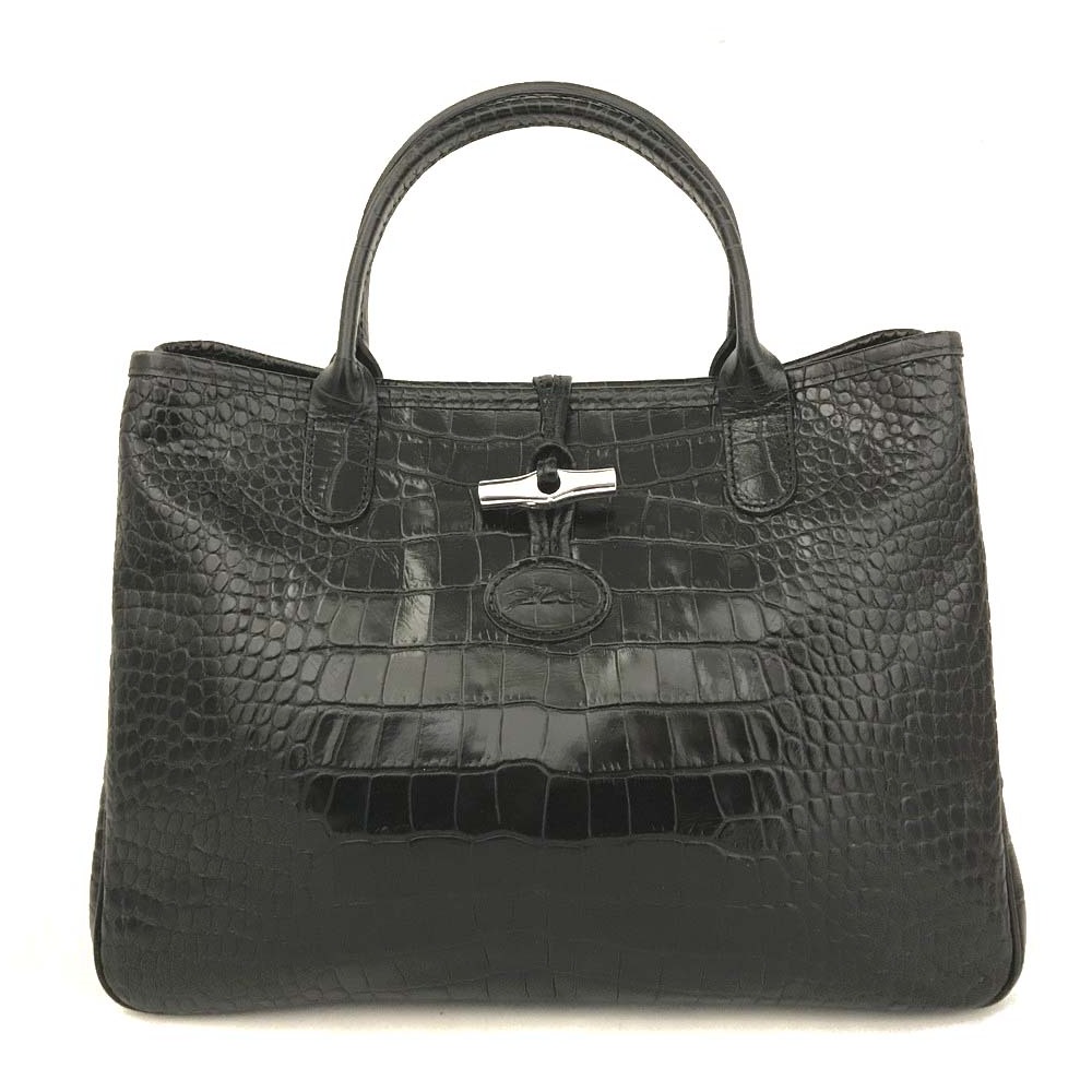 1円 極美品 LONGCHAMP ロンシャン ロゾ クロコダイル 型押しレザー ロゴ ハンドバッグ ブラック /ZX2046拍卖