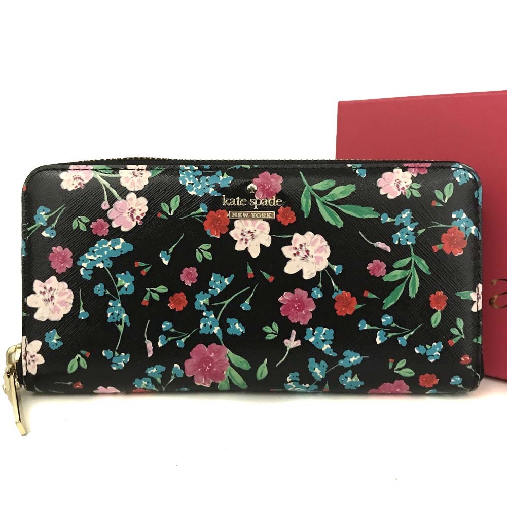 1円 美品 kate spade new york ケイトスペード PVCレザー フラワープリント ラウンドジップ 長財布 マルチカラー /JP0713拍卖
