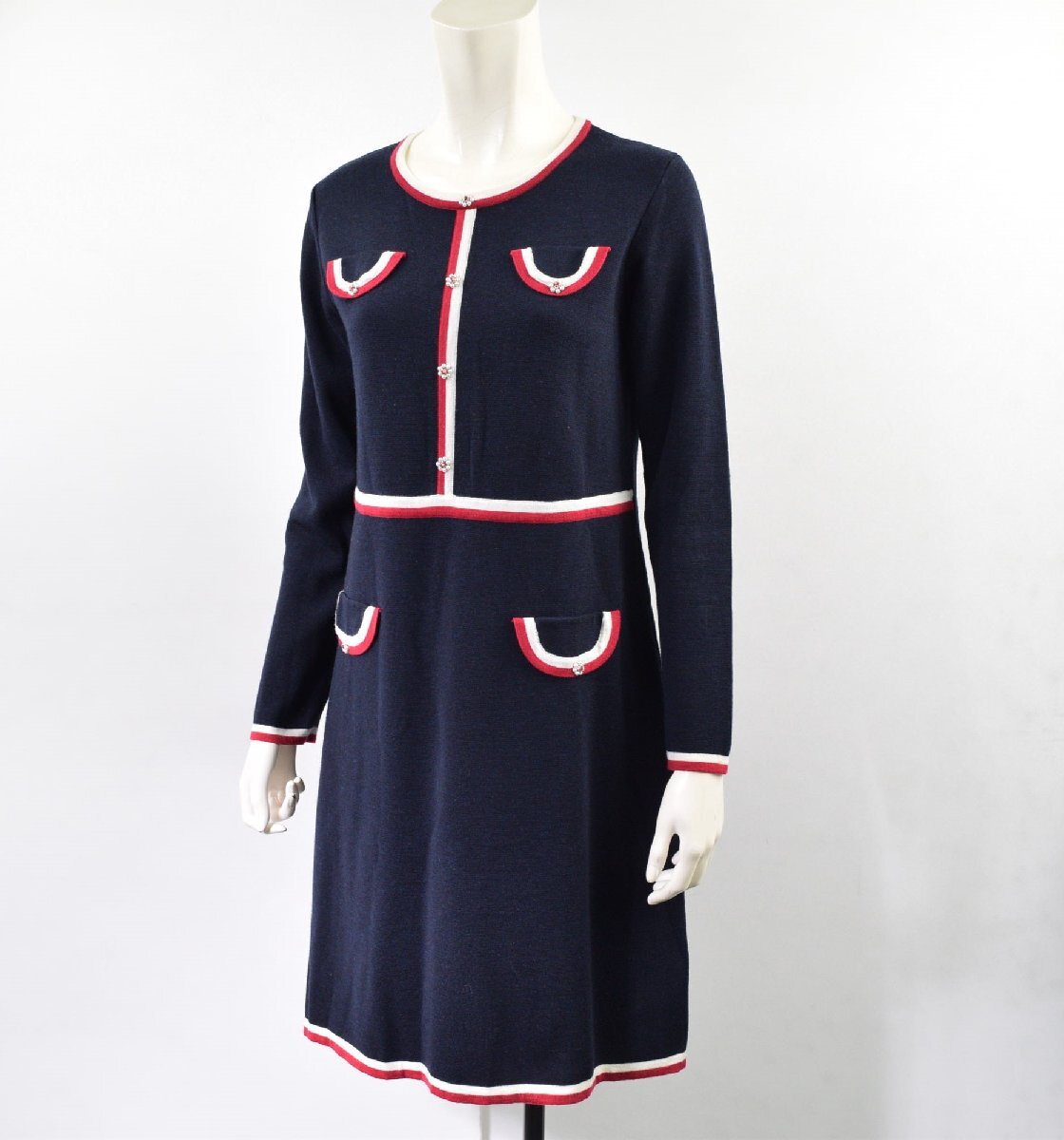 5000-GA00099★スーパービューティ Super Beauty★紺 ニットワンピース 40 長袖 赤白ライン クルーネック トリコロール 拍卖