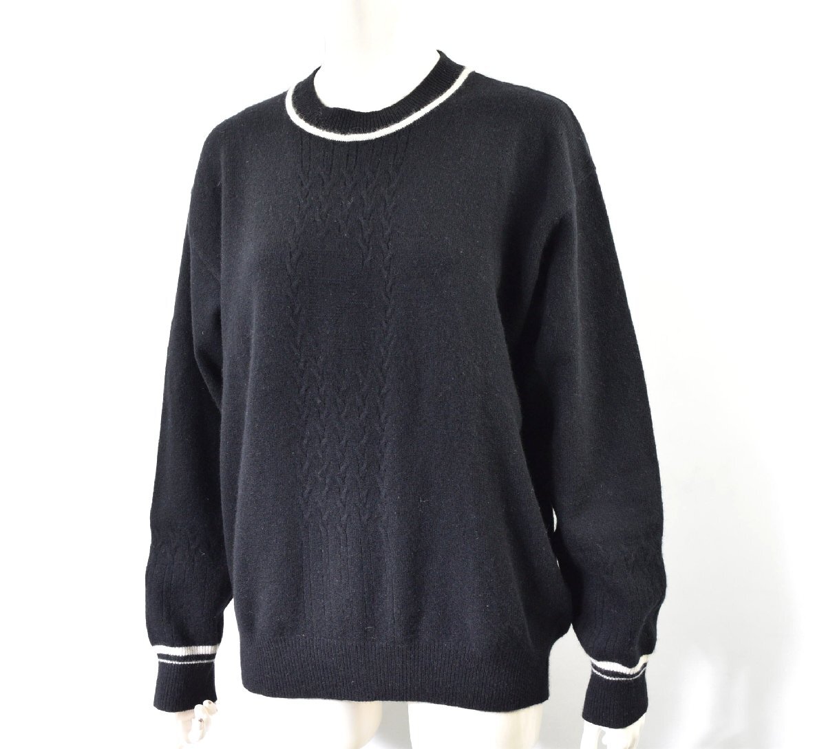 1420-25R0178★Burberrys バーバリーズ★カシミヤ混ウール クルーネックセーター M 黒ブラック 白線 春秋冬 長袖ニット拍卖