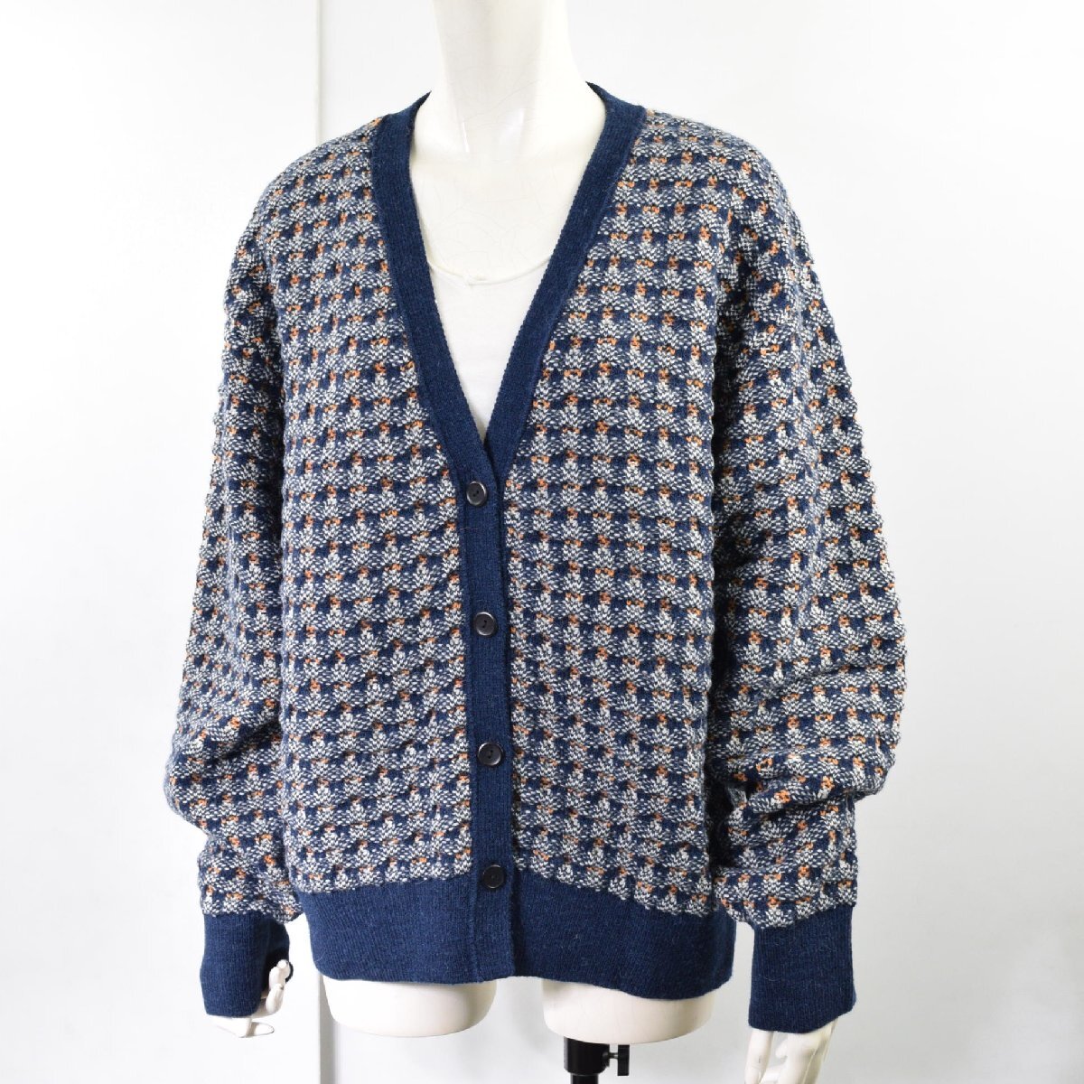 2355-25Q0221★6 ROKU ロク /アローズ 美品★クラシカル編み柄♪ アルパカ混 深Vネック レトロカーディガン 紺白オレンジ 定価24200円拍卖