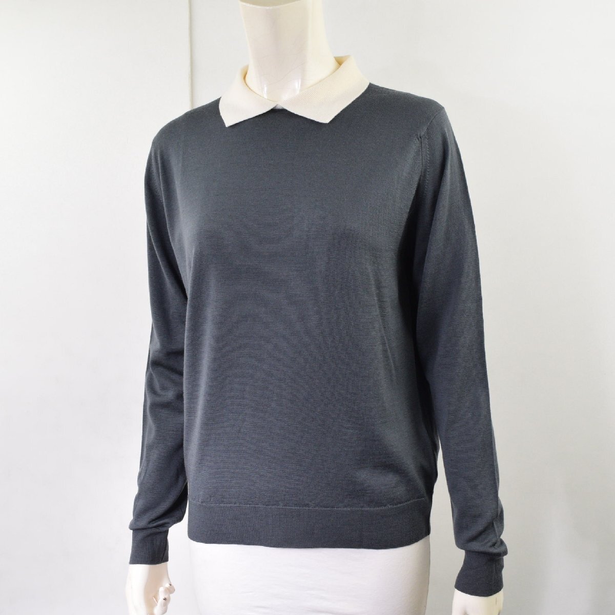 2355-25Q0220★ジョンスメドレー JOHN SMEDLEY 美品★限定♪人気バイカラー グレー×白襟 長袖 クレリックニット ポロシャツ M 定価49500円拍卖