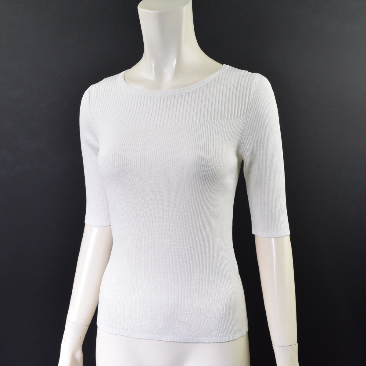 3034-25R0012★アナイ ANAYI ★2024 新品タグ付き 美品 白ホワイト サマーリブニット 38 アセテートポリエステル半袖 プルオーバー 22000円拍卖