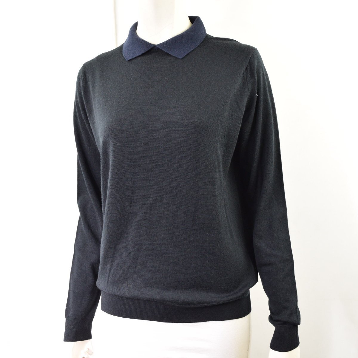 2355-25Q0305★ジョンスメドレー JOHN SMEDLEY★美品 ウール 長袖 ニット 襟付き 紺 ネイビー M ハイゲージ やや薄手拍卖