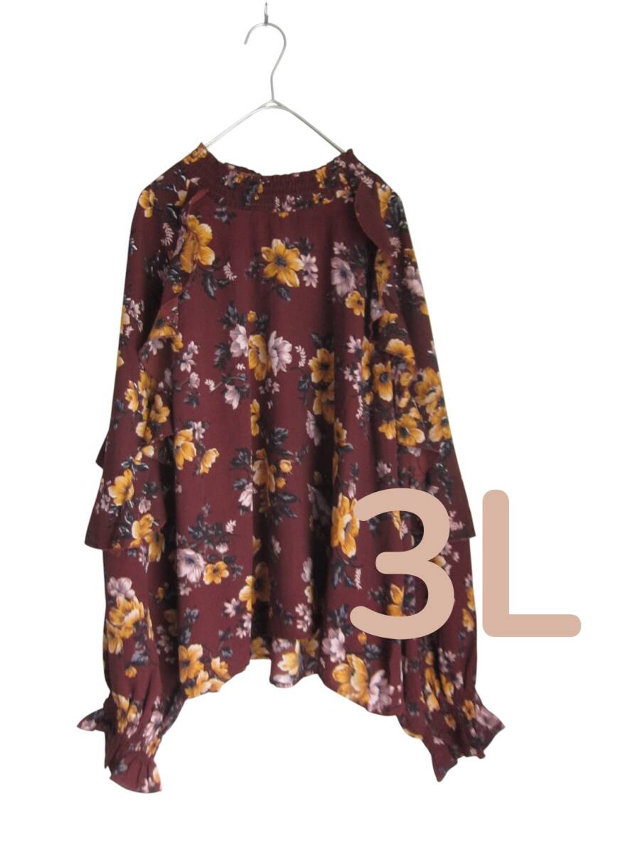 ★送料無料 G4 美品 【3L】 ブラウン系 チュニック 花柄 長袖 大きいサイズ ゆうパケットポスト ゆったり 匿名配送拍卖