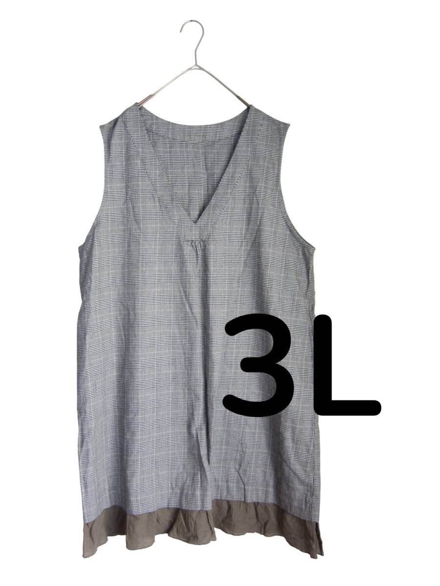 ★送料無料 M38 美品 【3L】 ブラック チェック 裾グリーンフリル 重ね着に! ジャンバースカート 大きいサイズ ゆうパケットプ拍卖