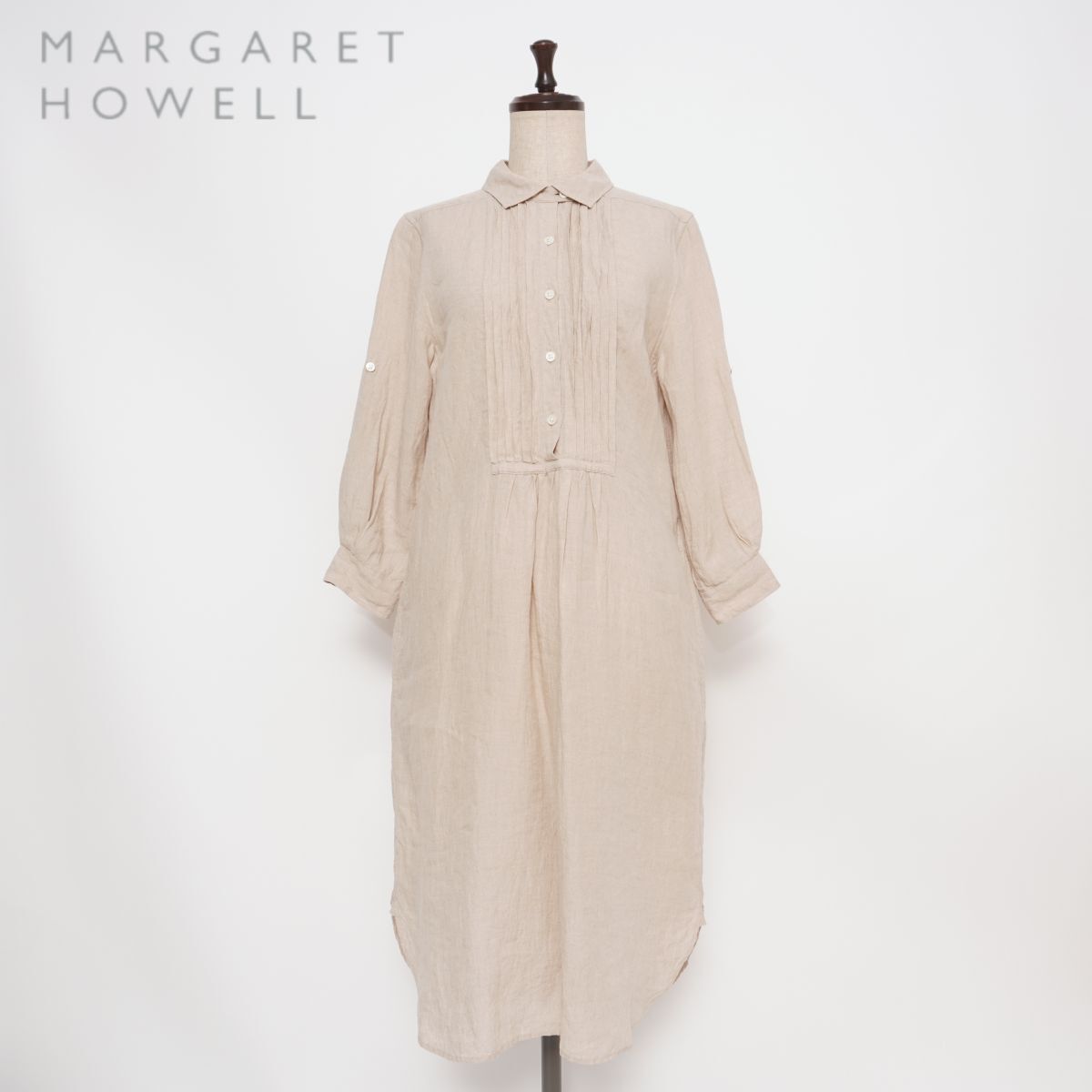 美品 MARGARET HOWELL マーガレットハウエル ピンタックリネンロングシャツワンピース 七分袖 膝丈 ミモレ丈 ベージュ サイズ2*GD226拍卖