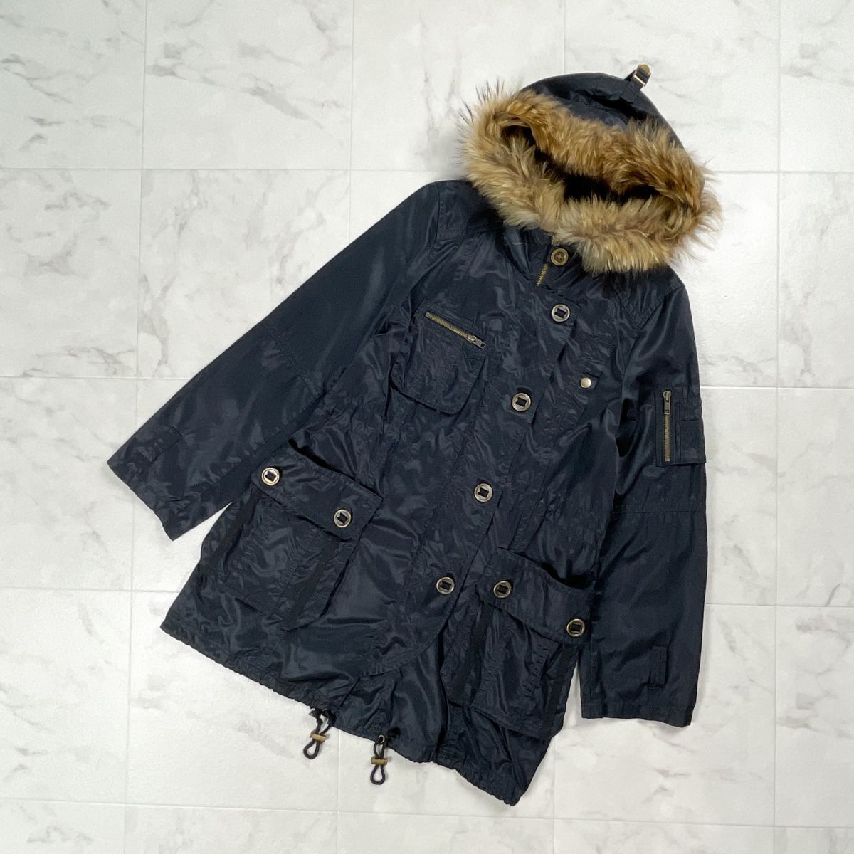 Abahouse Devinette アバハウスドゥヴィネット ラクーンファー付きモッズコート 長袖 薄手 ロング丈 レディース 黒 ブラック サイズ2*GD297拍卖