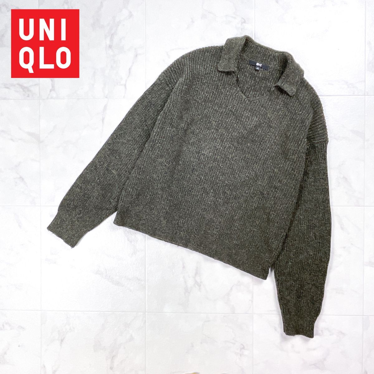 UNIQLO:C ユニクロ ミックスヤーンポロセーター 長袖ニット 襟付き スキッパー レディース カーキ オリーブ サイズL*GD304拍卖