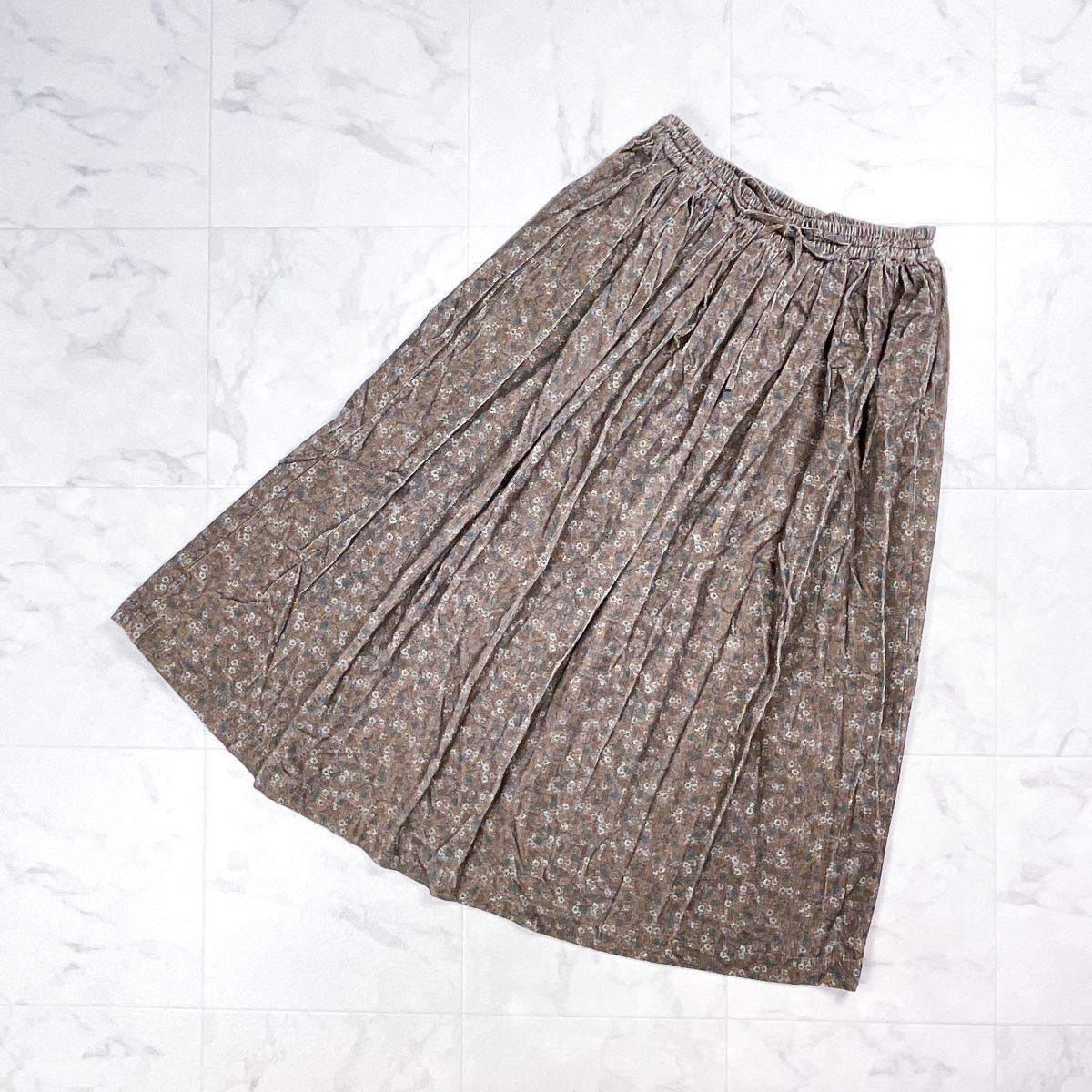 美品 SOIL ソイル 花柄コーデュロイスカート フレアロングイージースカート ロング丈 ブラウン 茶色 サイズ2*GD306拍卖