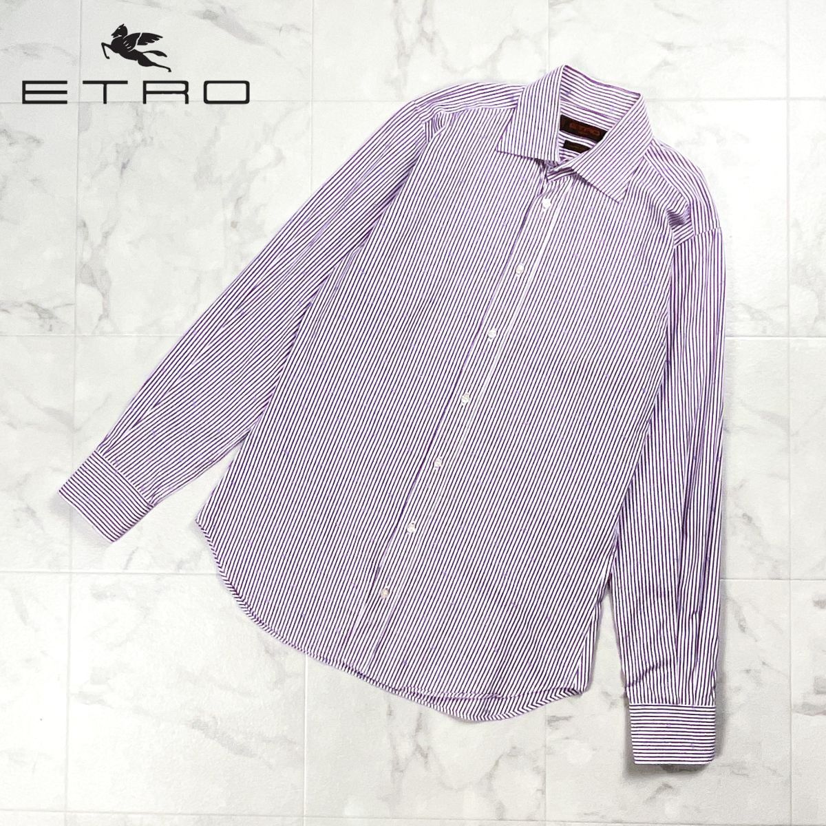 美品 ETRO MILANO エトロ スリムフィット ストライプ刺繍シャツ 長袖 トップス イタリア製 メンズ パープル 紫 サイズ40*GD884拍卖