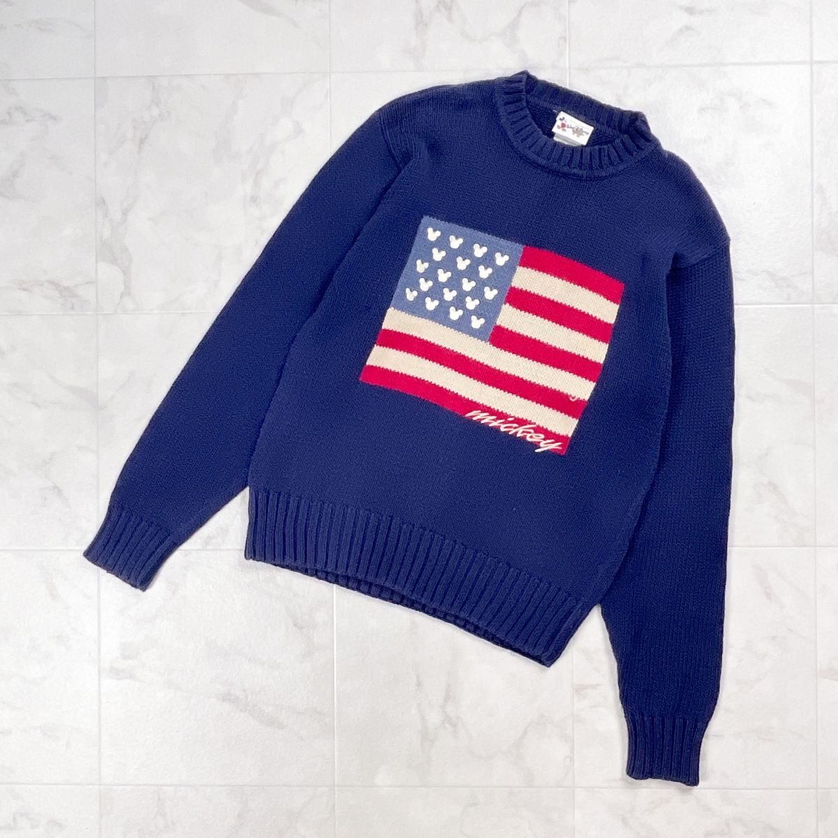 希少 Walt Disney World ウォルトディズニーワールド 90s 星条旗 クルーネックニット セーター メンズ ネイビー 紺 サイズS*GD902拍卖