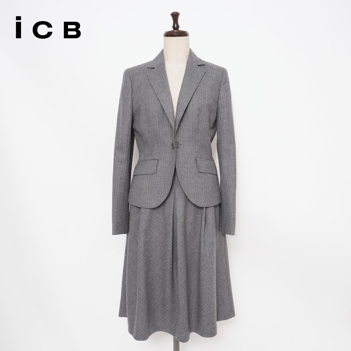 iCB アイシービー ウール・カシミヤ混 ストライプセットアップスカートスーツ 総裏 ミモレ丈 レディース グレー サイズ11*GD915拍卖