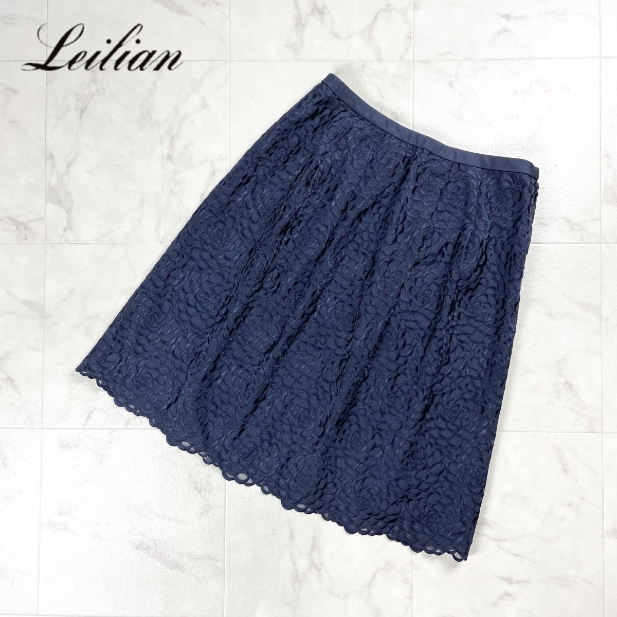 美品 Leilian レリアン フラワーレーススカート フォーマル ミモレ丈 裏地付き ネイビー 紺 大きいサイズ サイズ13+*GD956拍卖