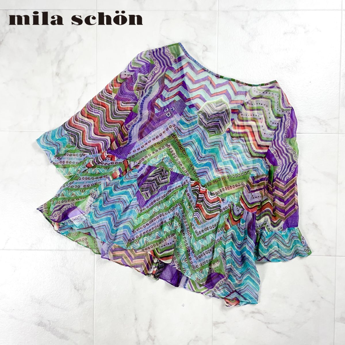 美品 mila schon ミラショーン シルク100% シアーフレアブラウス イタリア製生地 トップス レディース マルチカラー サイズ42*GD976拍卖