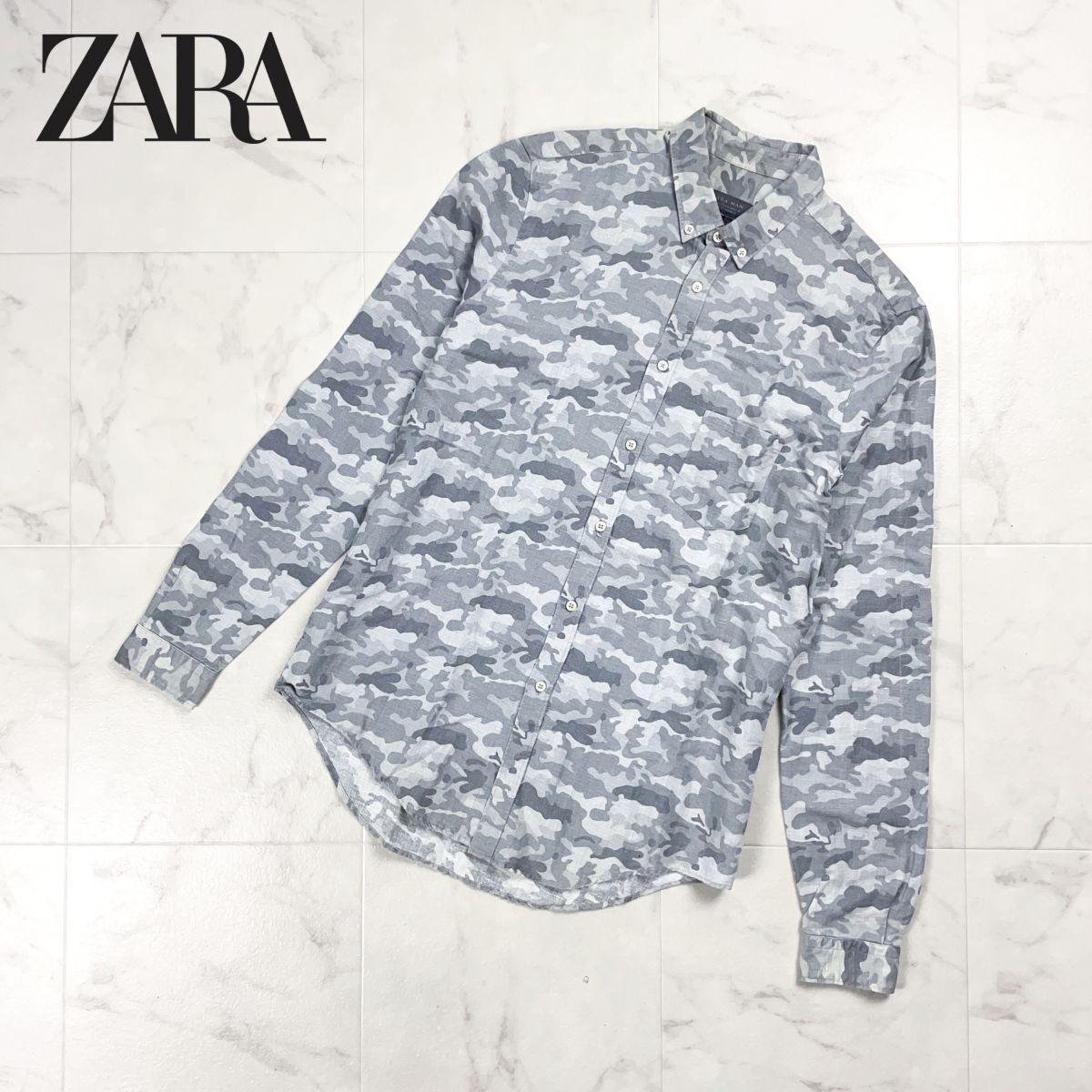 ZARA MAN ザラ メン リネン混 カモフラ柄ボタンダウンシャツ スリムフィット 長袖 トップス メンズ 迷彩 グレー系 サイズM*GD1007拍卖